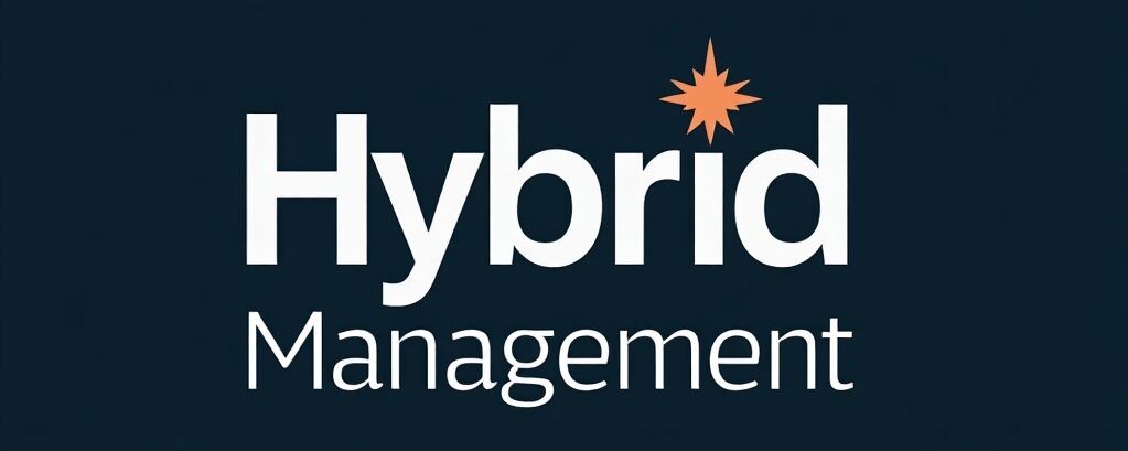 Text "Hybrid Management" auf dunklem Hintergrund, mit einem orangefarbenen Sternenhimmel, der den Punkt über dem "i" ersetzt.