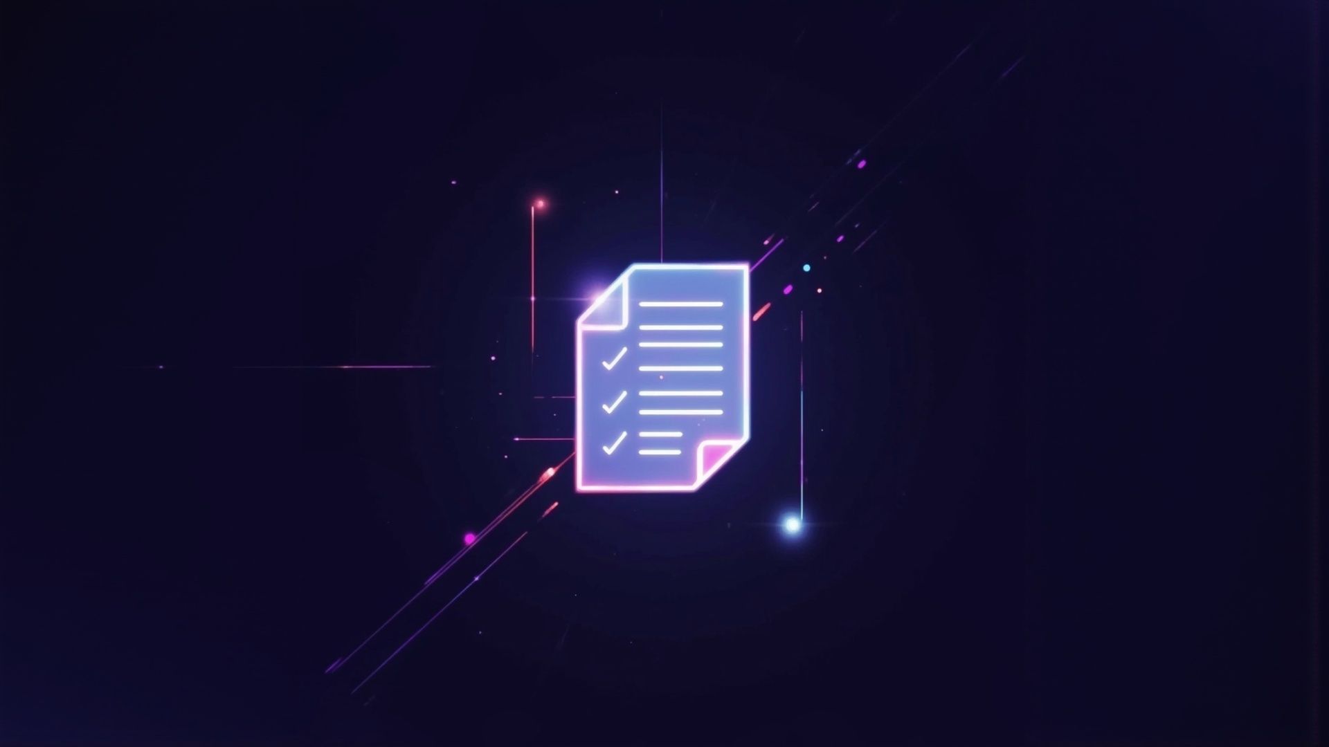 Neon leuchtende Checkliste Symbol auf einem dunklen Hintergrund mit abstrakten Lichtstreifen und Punkten.