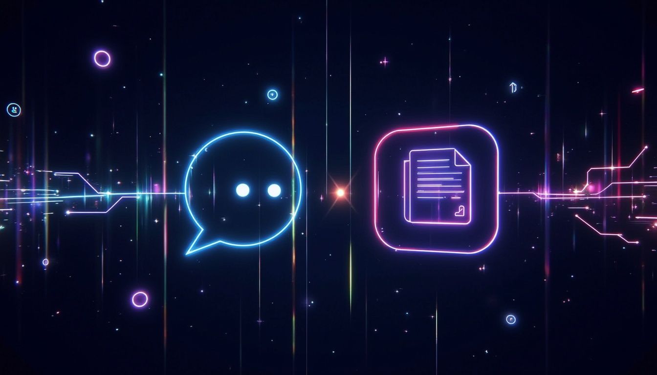 Leuchtende Chatblasen- und Dokumentensymbole, verbunden durch digitale Linien auf einem dunklen, futuristischen Hintergrund.