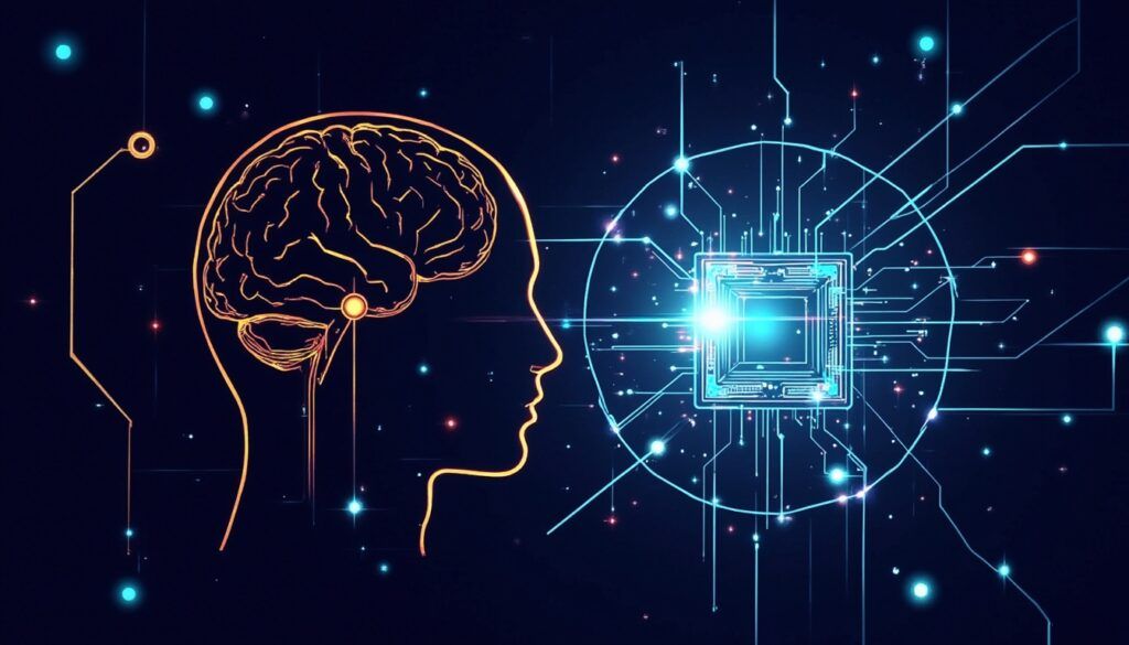 Umriss eines menschlichen Kopfes mit einem Gehirn neben einem leuchtenden Mikrochip, der die Integration von KI und Technologie symbolisiert.