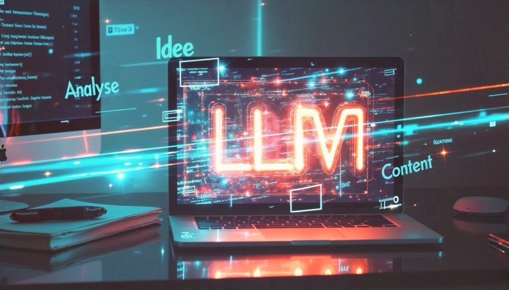 Auf einem Laptop steht in Neonschrift "LLM", mit digitalen Effekten und Wörtern wie "Analyse", "Idee" und "Inhalt".
