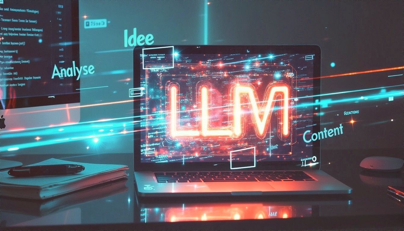 Auf einem Laptop steht in Neonschrift "LLM", mit digitalen Effekten und Wörtern wie "Analyse", "Idee" und "Inhalt".