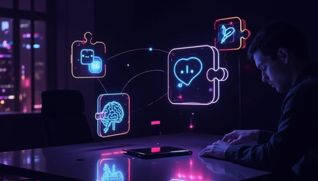 Eine Person an einem Schreibtisch mit leuchtenden, neonfarbenen Puzzlesymbolen, die Technologie und Gesundheit repräsentieren, schwebt in der Nähe.