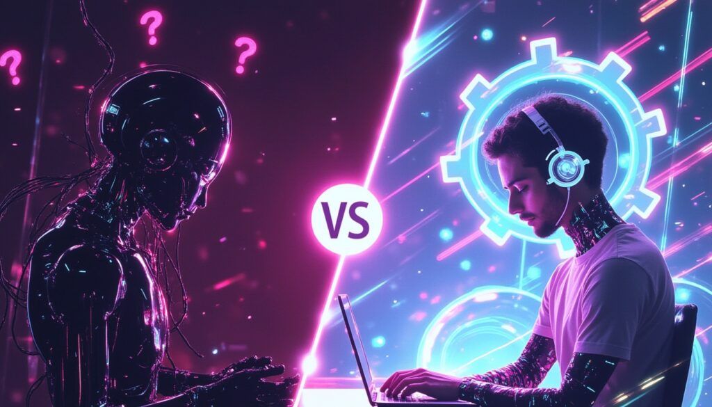 Ein Roboter und ein Mensch mit Kopfhörern stehen sich an Laptops gegenüber, getrennt durch ein leuchtendes "VS"-Symbol.