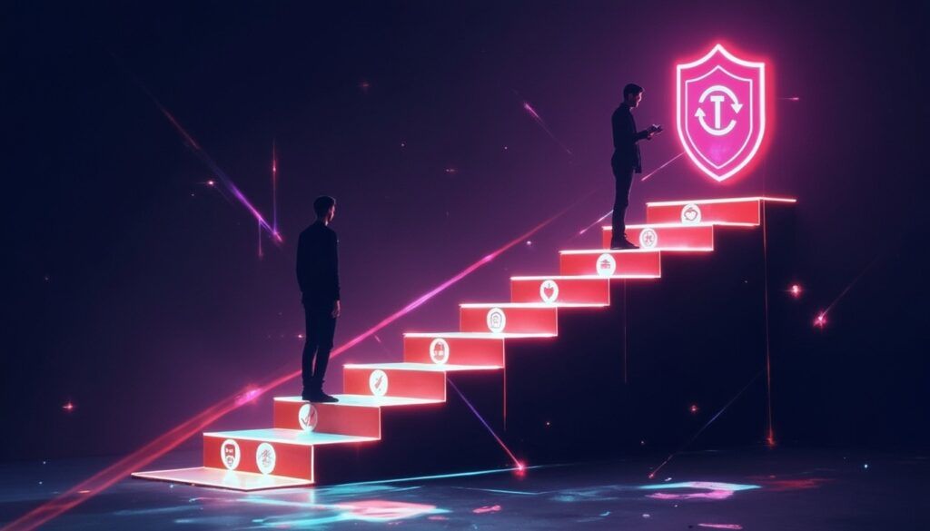 Zwei Personen stehen auf leuchtenden Neontreppen mit digitalen Symbolen, die zu einem Schildsymbol führen, das für Sicherheit steht.