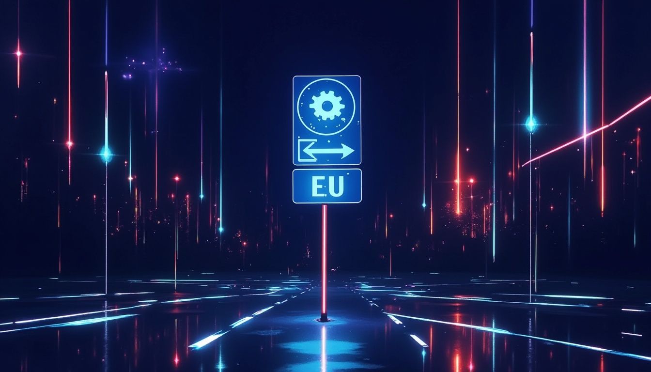 Ein leuchtendes Straßenschild mit einem Zahnrad und "EU" zeigt nach links in eine futuristische, neonbeleuchtete digitale Landschaft.