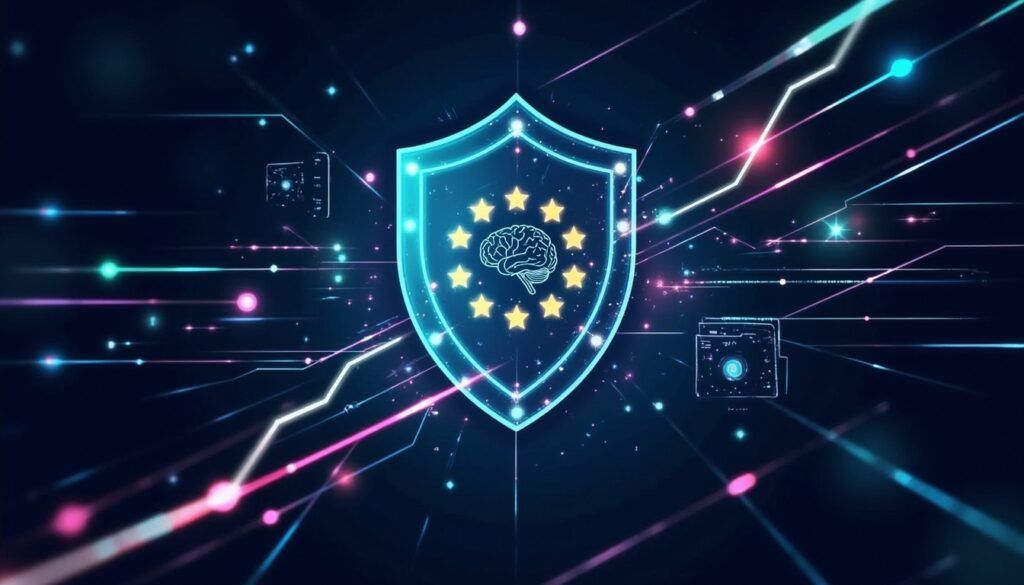 Ein digitales Schild mit Sternen und einem Gehirnsymbol, das den Schutz von KI-Daten symbolisiert, vor einem futuristischen Hintergrund.