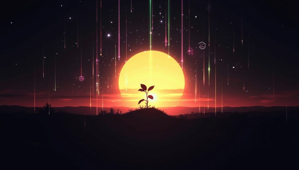 Eine kleine Pflanze, die sich vor einem glühenden Sonnenuntergang mit Lichtstreifen und Sternen am Himmel abhebt.