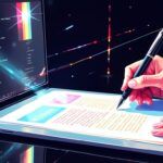 Eine Person schreibt auf einem digitalen Tablett neben einem Laptop, das Codes anzeigt, beide auf einem futuristischen Schreibtisch.