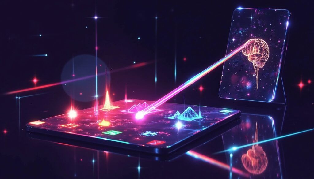 Ein leuchtendes Tablet projiziert holografische Daten auf einen schwebenden Bildschirm, der ein digitales Gehirn inmitten von Neonlichtern zeigt.