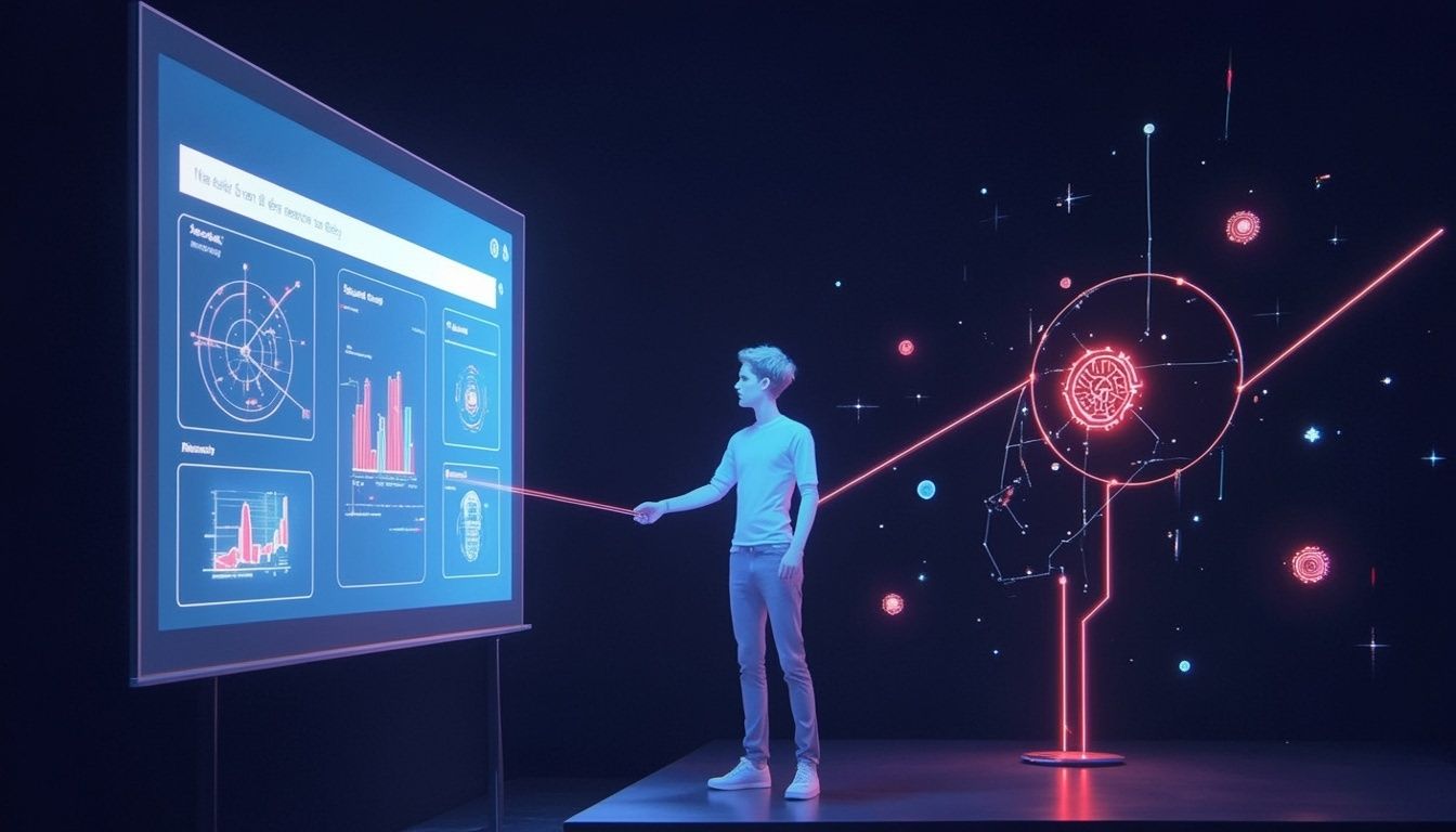 Eine Person zeigt auf futuristische Datendiagramme auf einem Bildschirm in einem dunklen High-Tech-Raum mit Neongrafiken.