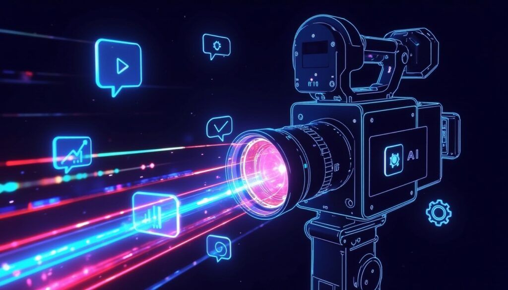 Neon-Digitalkamera mit KI-Symbolen und Datenströmen, die eine KI-gestützte Videoerstellungstechnologie darstellen.