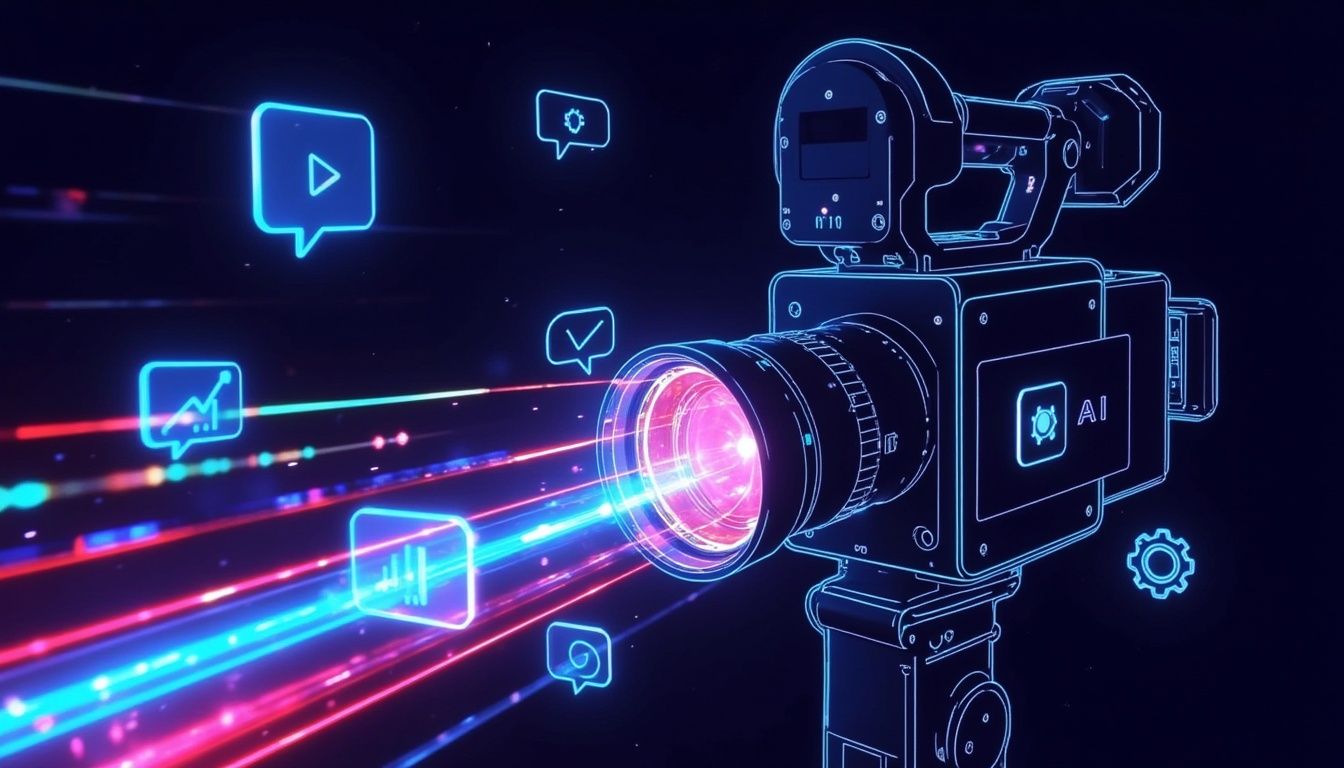 Neon-Digitalkamera mit KI-Symbolen und Datenströmen, die eine KI-gestützte Videoerstellungstechnologie darstellen.