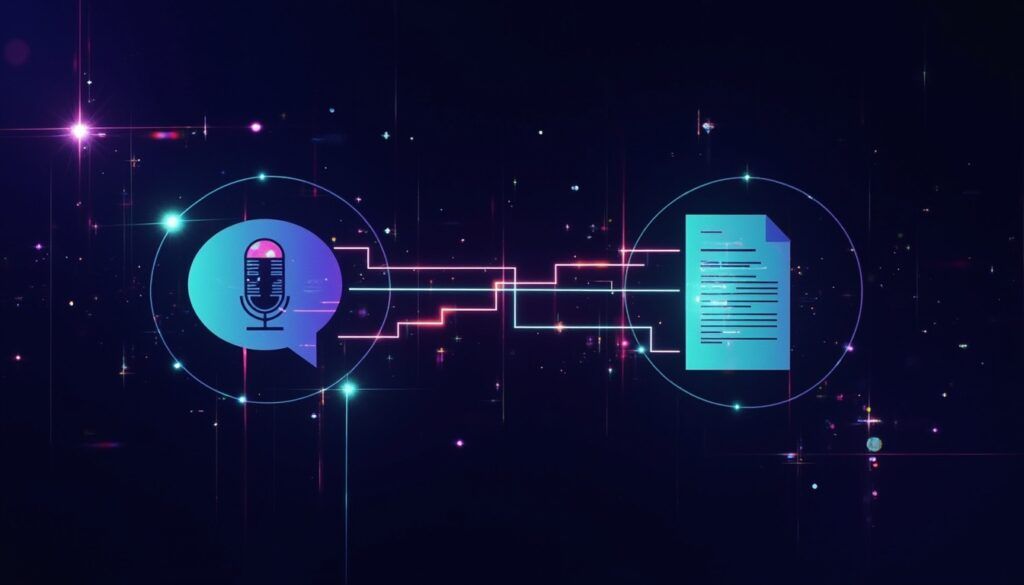 Neon-Symbole eines Mikrofons und eines Dokuments, verbunden durch Linien auf einem dunklen, futuristischen Hintergrund.