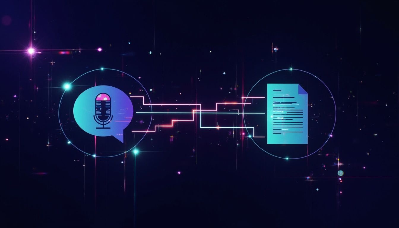 Neon-Symbole eines Mikrofons und eines Dokuments, verbunden durch Linien auf einem dunklen, futuristischen Hintergrund.