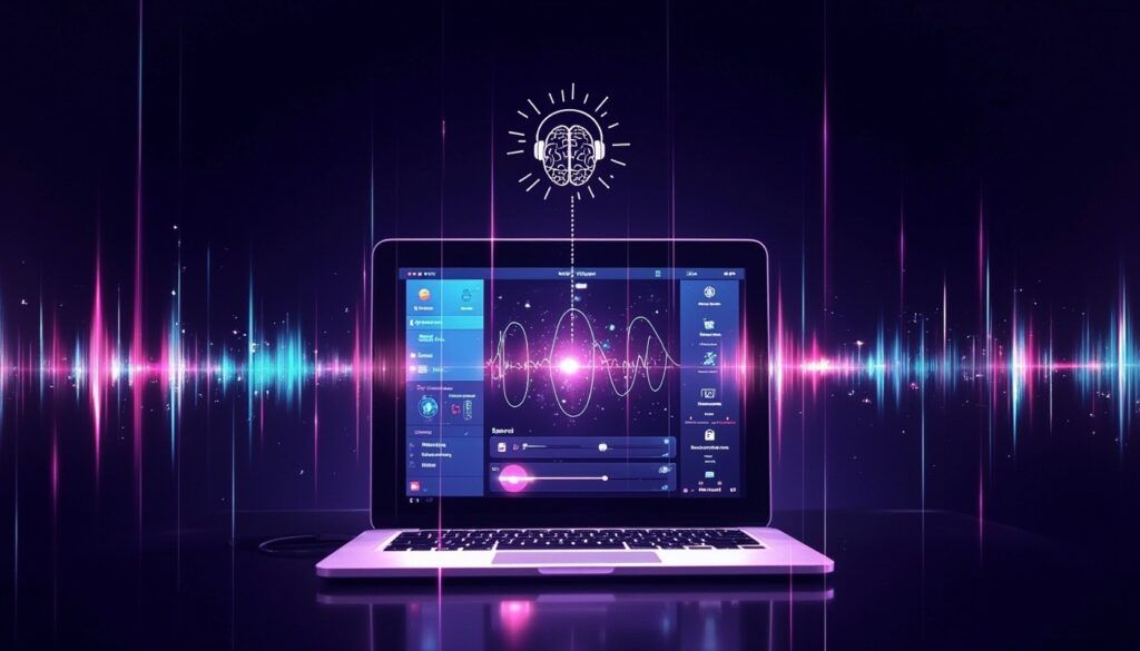 Ein Laptop mit Schallwellen und einem illustrierten Gehirnsymbol, das KI-Audiotechnologie symbolisiert, auf einem dunklen Hintergrund.