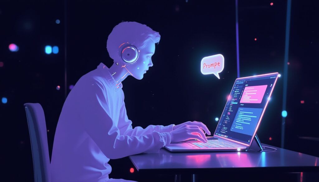 Eine Person mit Kopfhörern tippt auf einem leuchtenden Laptop mit einer "Prompt"-Chatblase auf dem Bildschirm.