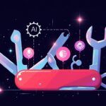 Ein digitales Schweizer Taschenmesser mit KI-Symbolen und Werkzeugen, die vor einem dunklen, sternenklaren Hintergrund leuchten.