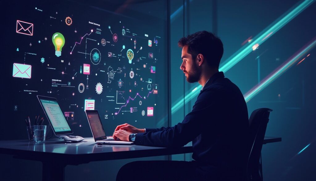 Ein Mann arbeitet an einem Schreibtisch mit Laptop, vor einem futuristischen digitalen Display mit Daten und bunten Symbolen.