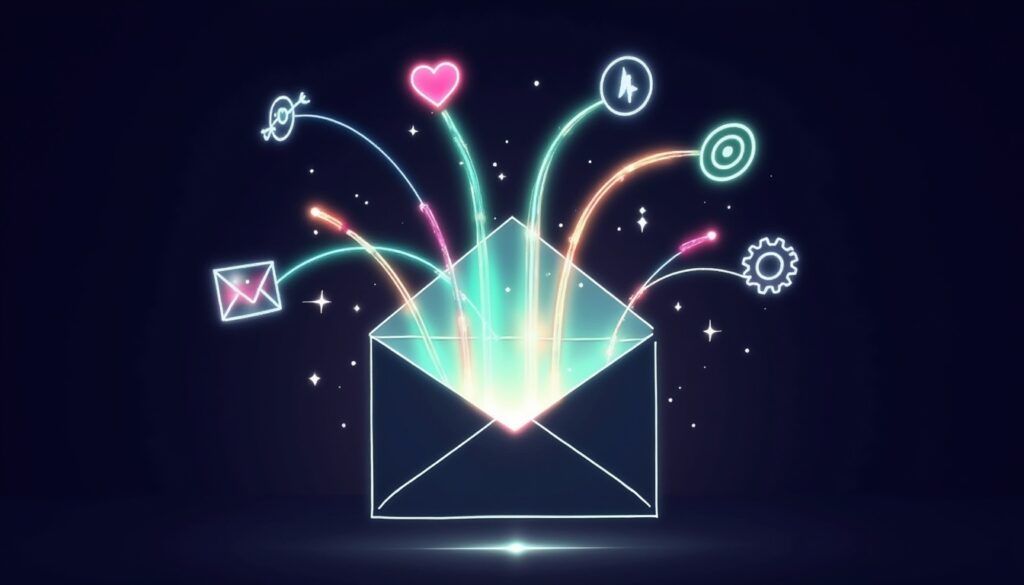 Neon-Umschlag mit bunten Symbolen eines Herzens, eines Flugzeugs und eines Zahnrads auf dunklem Hintergrund.