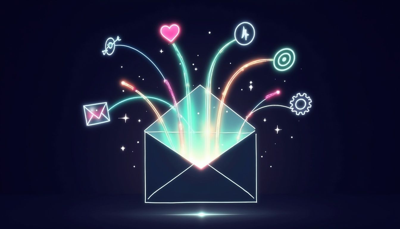 Neon-Umschlag mit bunten Symbolen eines Herzens, eines Flugzeugs und eines Zahnrads auf dunklem Hintergrund.