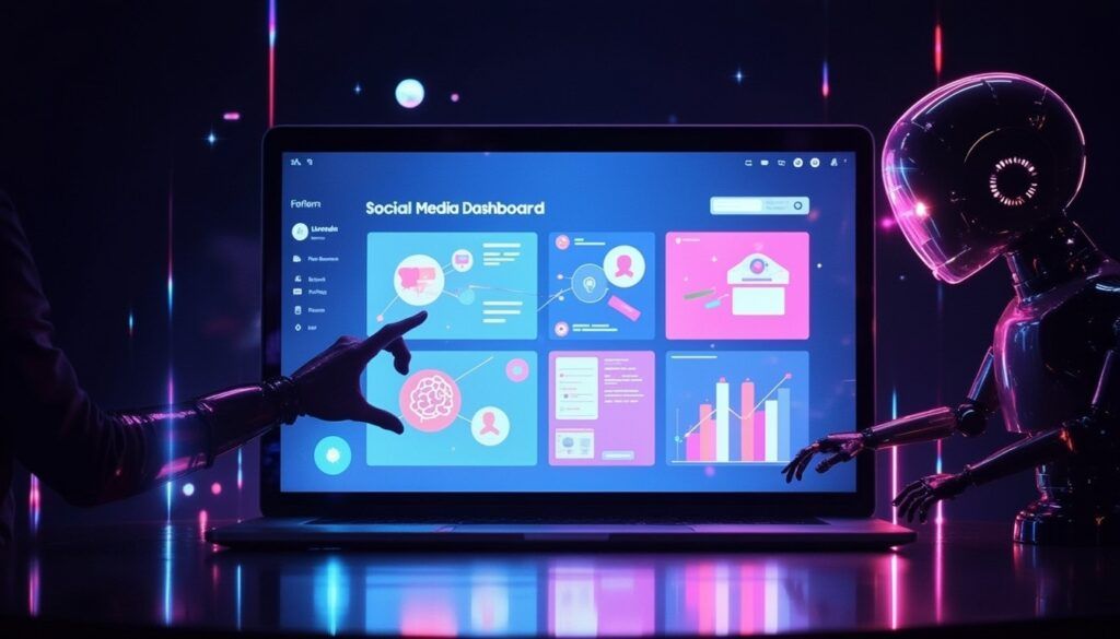 Ein Roboter und ein Mensch analysieren in einer futuristischen Umgebung ein buntes Social-Media-Dashboard auf einem Laptop.