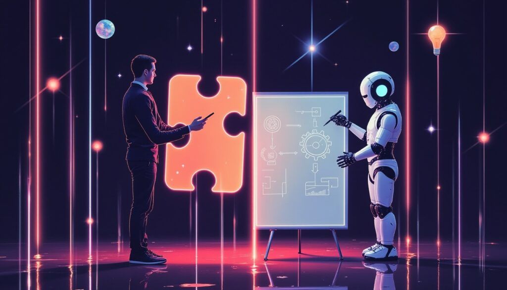 Ein Mensch und ein Roboter arbeiten gemeinsam an einer digitalen Tafel mit technischen Symbolen und einem leuchtenden Puzzleteil.