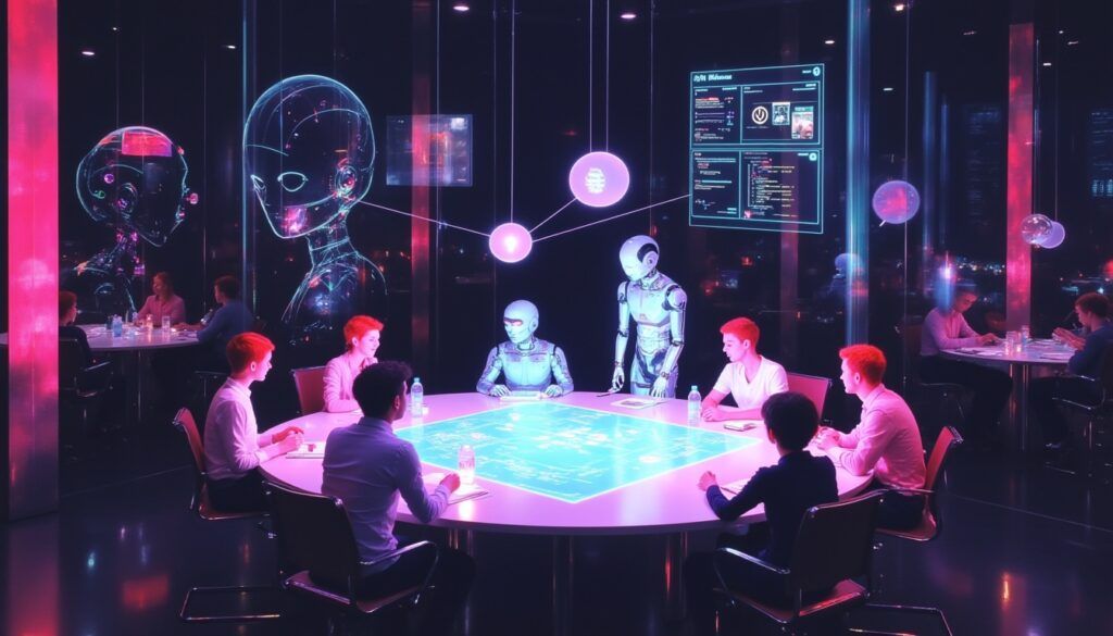 Menschen und Roboter sitzen an einem runden Tisch mit Hologrammen und digitalen Bildschirmen in einem futuristischen Büro.