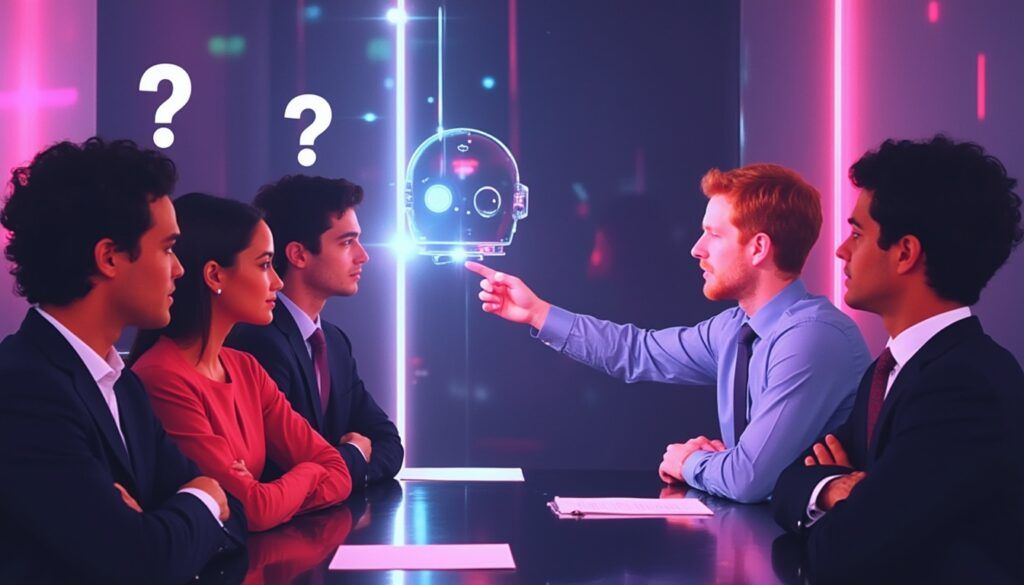 Vier Fachleute diskutieren an einem Tisch über künstliche Intelligenz, mit Fragezeichen über zwei und einem leuchtenden Hologramm eines Roboterkopfes.