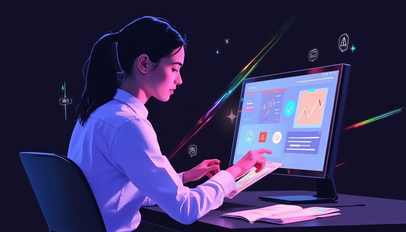 Eine Frau benutzt ein Tablet und einen Desktop-Computer mit bunten Datengrafiken auf dem Bildschirm in einem dunklen Raum.