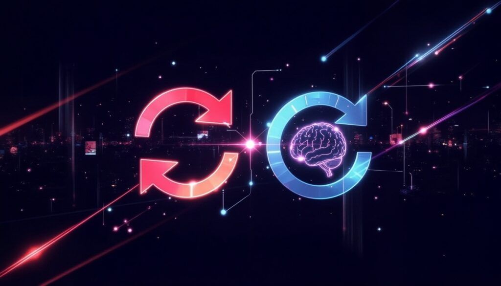 Zwei kreisförmige Pfeile und ein Gehirnsymbol leuchten vor einem dunklen digitalen Hintergrund mit Neonlinien und Stadtlichtern.