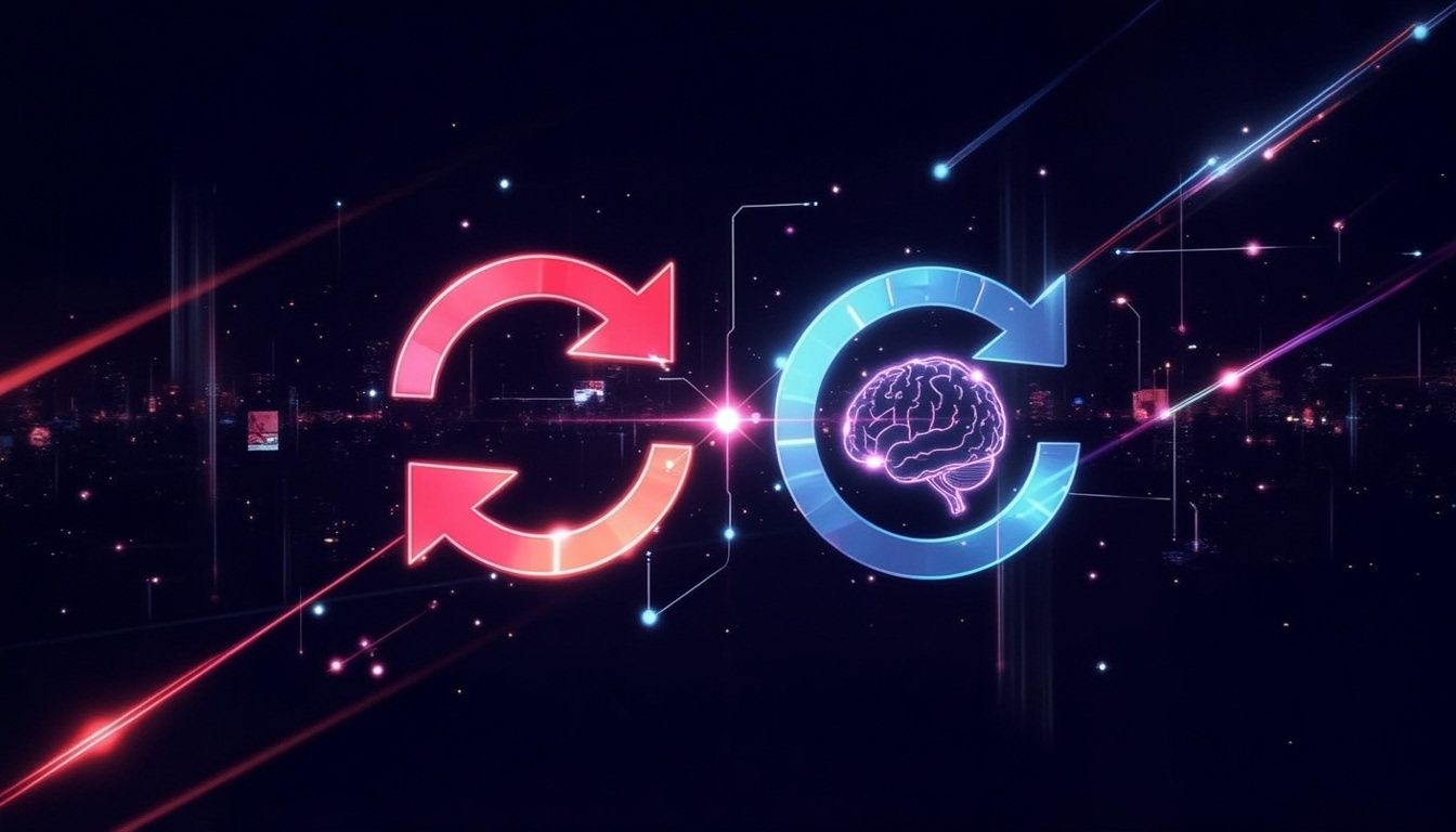 Zwei kreisförmige Pfeile und ein Gehirnsymbol leuchten vor einem dunklen digitalen Hintergrund mit Neonlinien und Stadtlichtern.