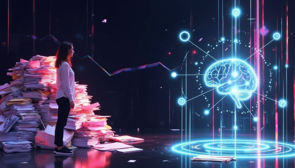 Eine Frau steht neben einem hohen Papierstapel und blickt auf ein leuchtendes digitales Gehirnhologramm mit Netzlinien.