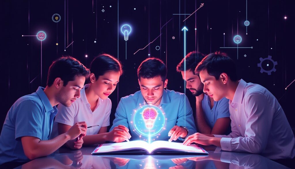 Fünf junge Erwachsene studieren ein leuchtendes Buch mit holografischen Technik- und Gehirnsymbolen, die über ihnen schweben.