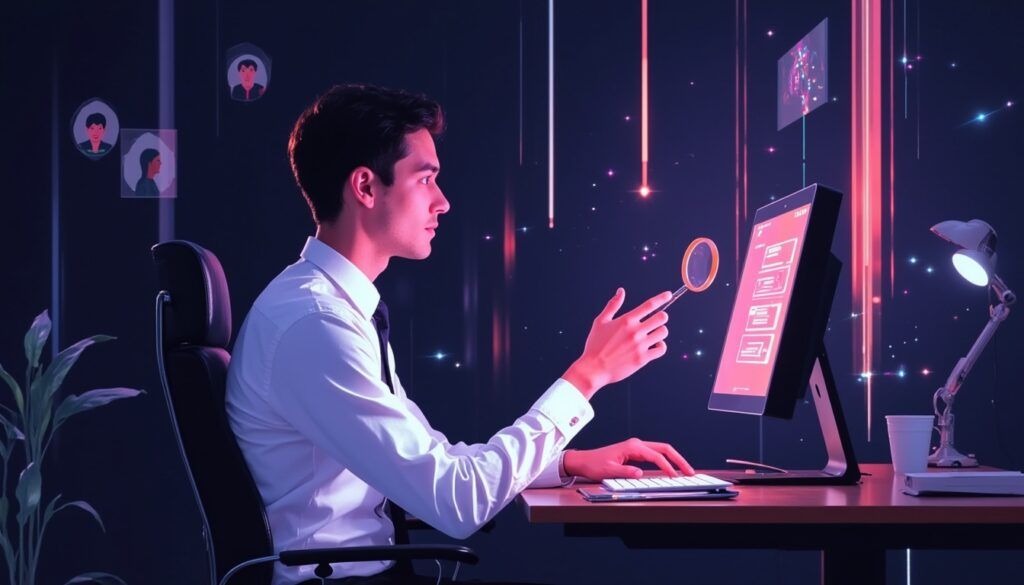 Ein Mann in einem Büro zeigt auf einen leuchtenden Computerbildschirm, der digitale Daten in einem dunklen, modernen Arbeitsbereich anzeigt.