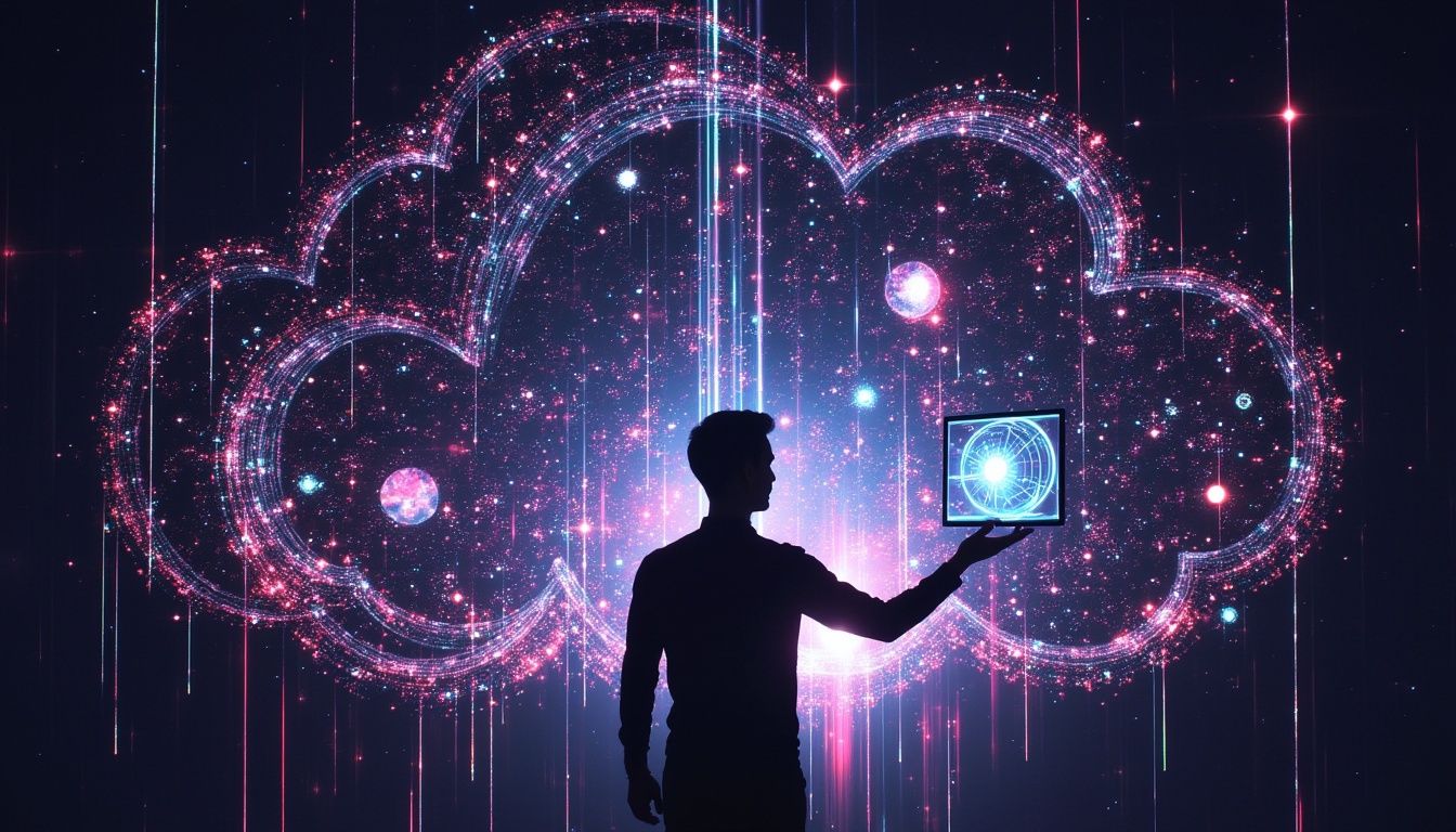 Eine Person hält ein Tablet vor einer leuchtenden digitalen Wolke, die Cloud Computing und Datenspeicherung symbolisiert.