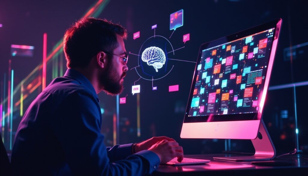 Ein Mann arbeitet an einem Computer, auf dessen Bildschirm bunte Daten und ein digitales Gehirnhologramm angezeigt werden.