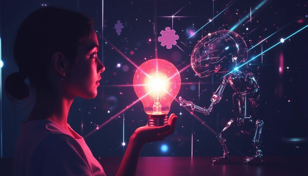 Eine Frau hält eine leuchtende Glühbirne und blickt auf einen futuristischen Roboter mit digitalen Elementen im Hintergrund.