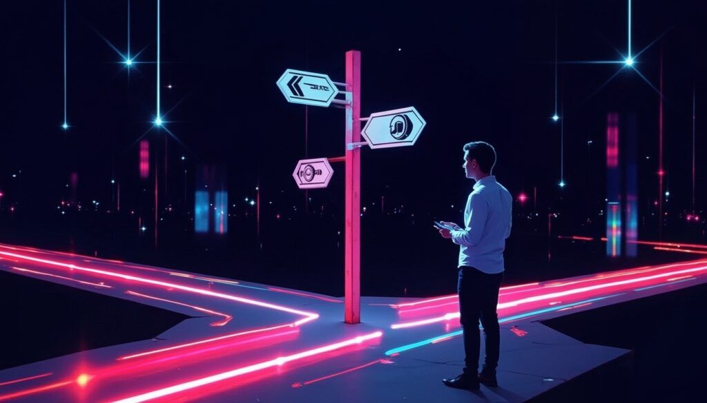 Ein Mann steht an einer leuchtenden Kreuzung und blickt auf futuristische Wegweiser in einer neonbeleuchteten, digitalen Landschaft.