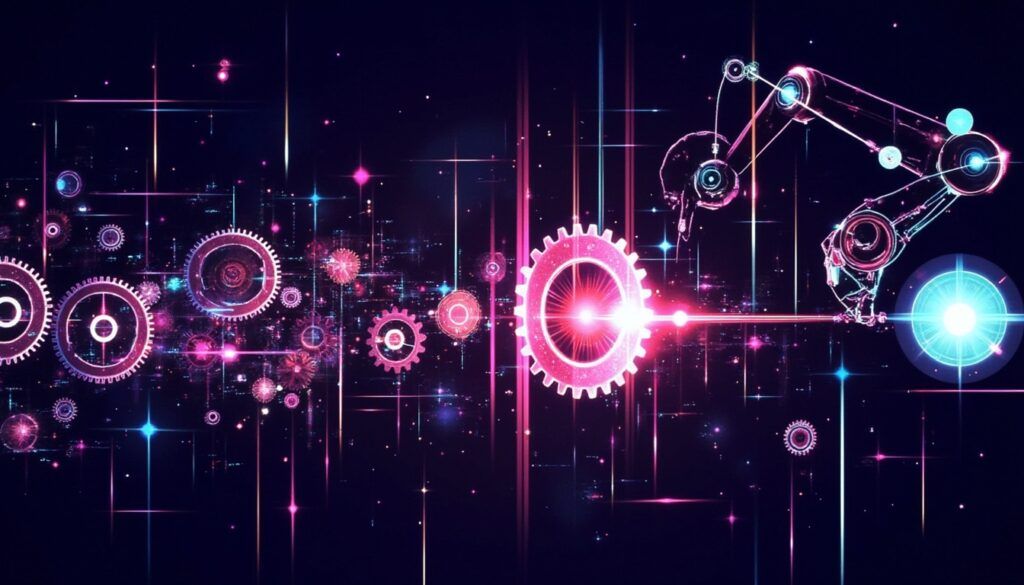 Ein Roboterarm interagiert mit leuchtenden Zahnrädern und digitalen Elementen vor einem dunklen, futuristischen Hintergrund.
