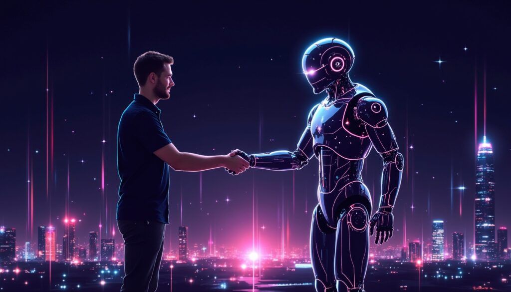 Ein Mann und ein Roboter geben sich vor einer futuristischen, neonbeleuchteten Stadtsilhouette die Hand.