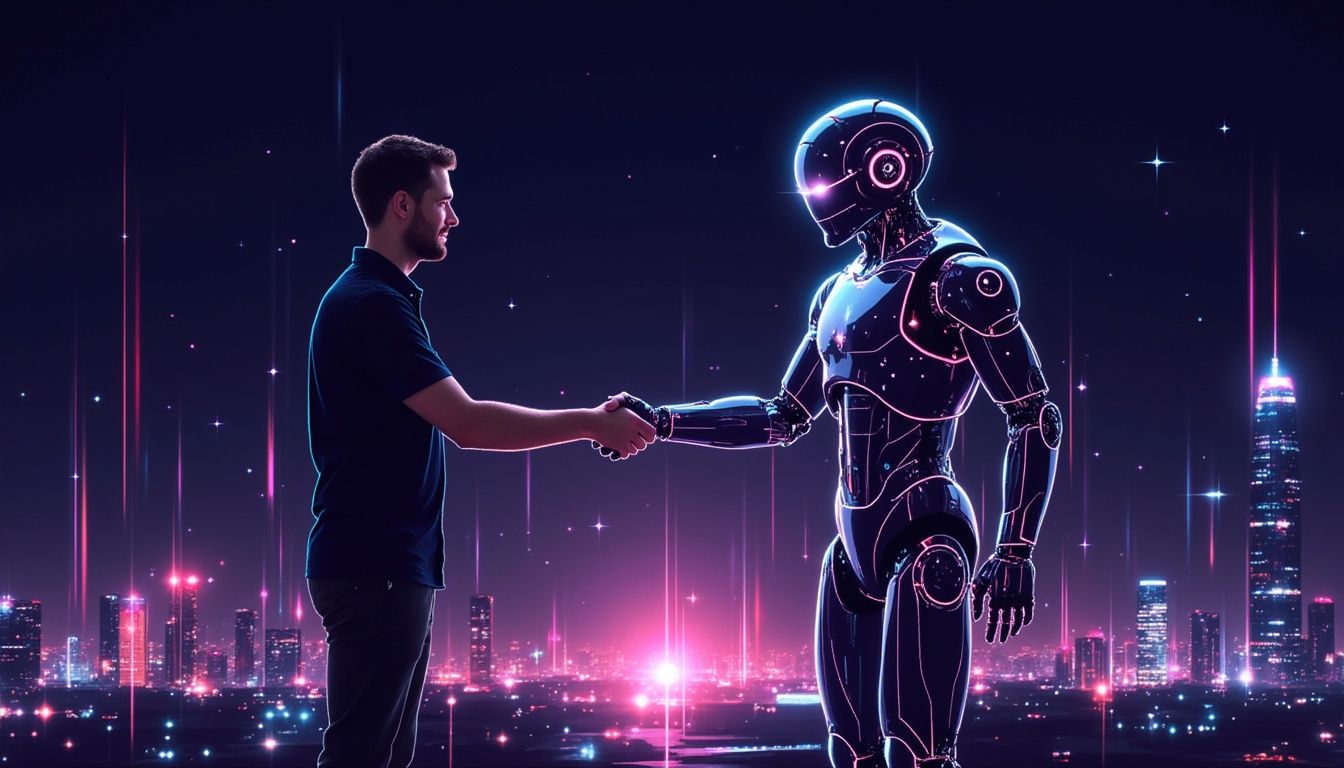 Ein Mann und ein Roboter geben sich vor einer futuristischen, neonbeleuchteten Stadtsilhouette die Hand.