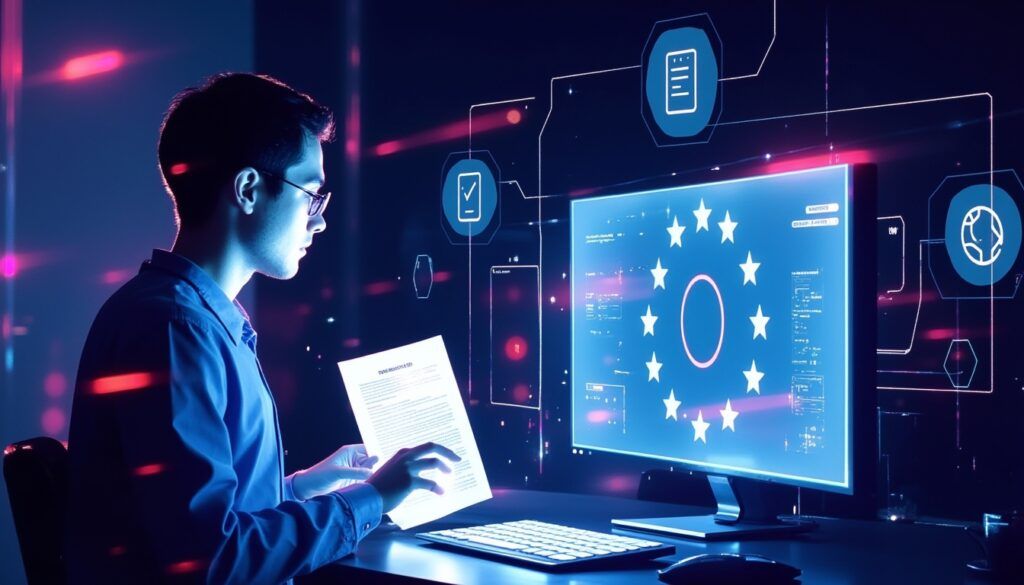 Eine Person prüft Dokumente an einem Computer, auf dem die EU-Flagge abgebildet ist, mit digitalen Symbolen im Hintergrund.