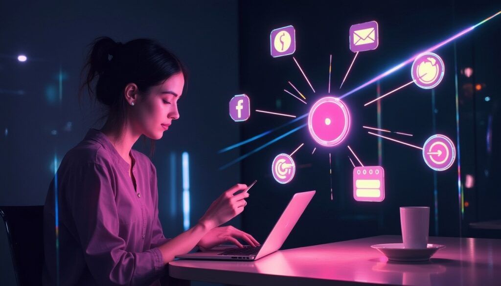 Frau am Laptop mit schwebenden Social-Media- und App-Symbolen, die in rosa Licht leuchten.