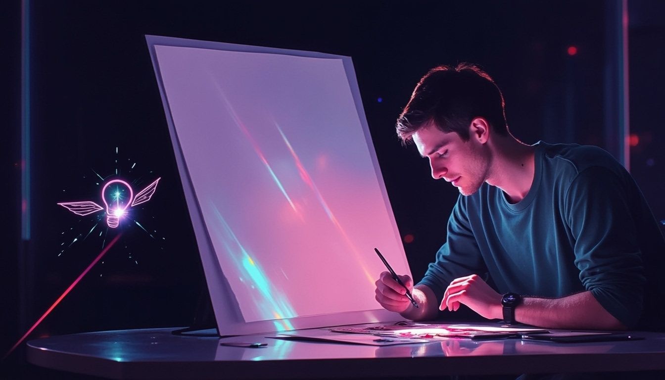 Ein junger Mann zeichnet an einem Schreibtisch mit Neonbeleuchtung, neben ihm schwebt eine glühende geflügelte Glühbirne.