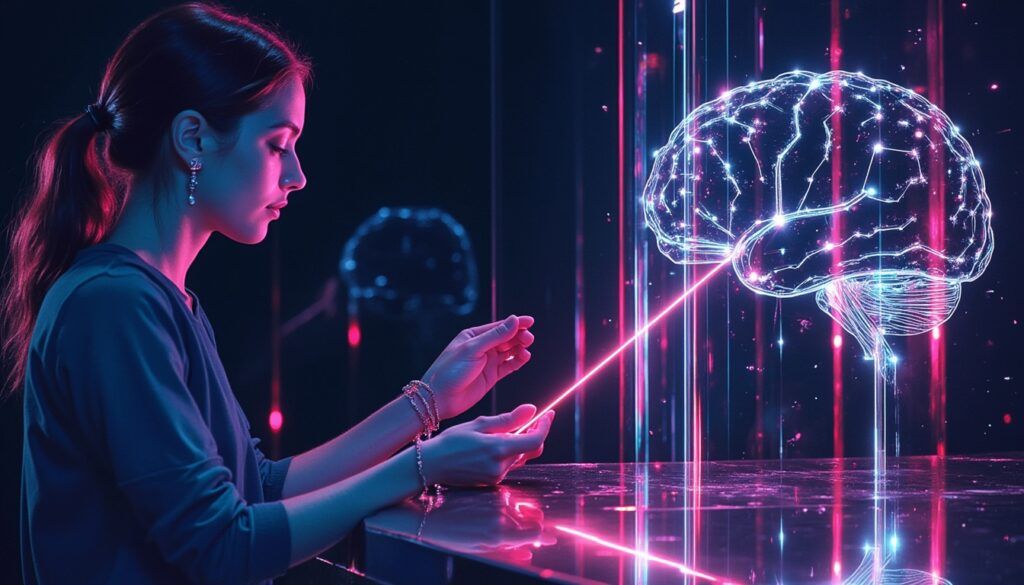 Eine Frau interagiert mit einem leuchtenden digitalen Gehirnhologramm in einer futuristischen, neonbeleuchteten Umgebung.