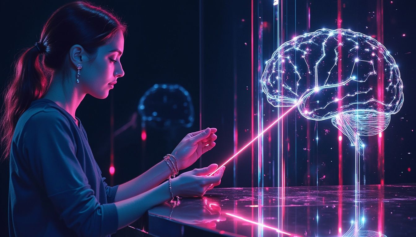 Eine Frau interagiert mit einem leuchtenden digitalen Gehirnhologramm in einer futuristischen, neonbeleuchteten Umgebung.