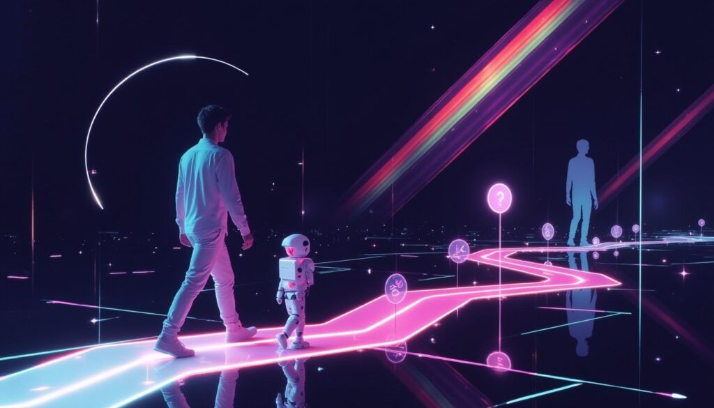 Ein Mensch und ein Roboter gehen auf einem leuchtenden Pfad mit Symbolen in einer neonfarbenen, futuristischen digitalen Welt.