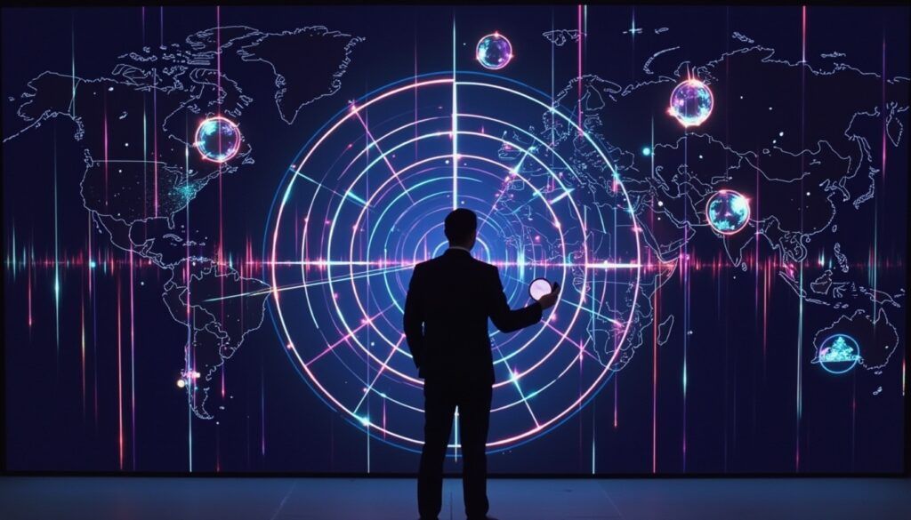 Eine Person steht vor einer digitalen Weltkarte mit leuchtenden Zielen und globalen Netzverbindungen.