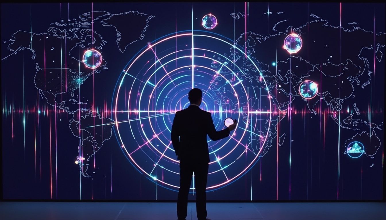 Eine Person steht vor einer digitalen Weltkarte mit leuchtenden Zielen und globalen Netzverbindungen.